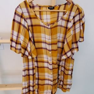 a.n.a xxl yellow mustard plaid short sleeve button up blouse